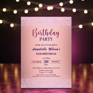 Elegant Rose Glitter Metallic Pink 45th Birthday Invitation