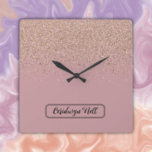 Elegant Rose Glitter Monogram Name Square Wall Clock