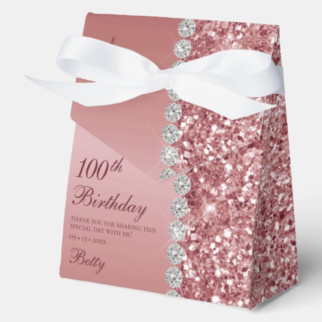 Elegant Rose Gold 100th Birthday Favor Boxes (Front)