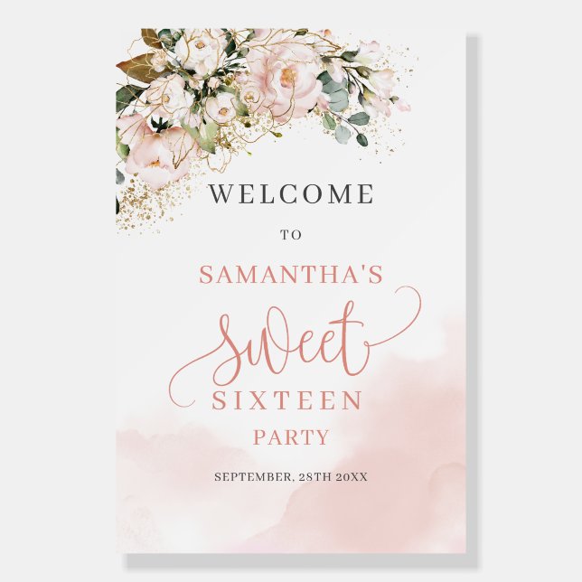 Elegant rose gold 16th Birthday Welcome sign (Front)