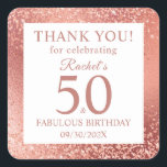 Elegant Rose Gold 50th Birthday Thank You Square Sticker<br><div class="desc">Thank guests in style for helping to celebrate your special milestone 50th birthday in style with a thank you birthday sticker. This can be used as an envelope seal when you send out your written thank you notes or it can be used on a party favors box which contains all...</div>