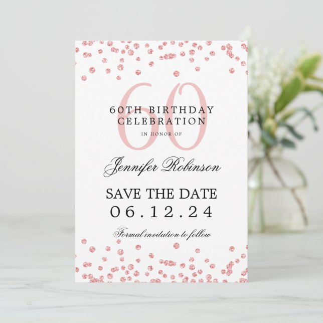 Elegant Rose Gold 60th Birthday Save Date Confetti Invitation (Standing Front)