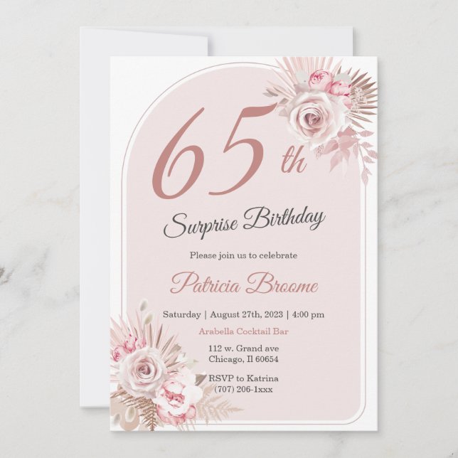 Elegant Rose Gold 65th Surprise Birthday Party Invitation (Front)