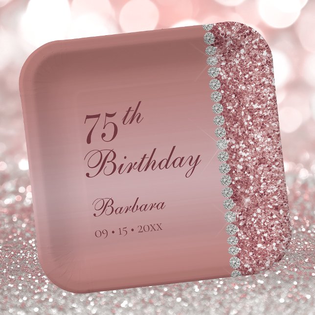 Elegant Rose Gold 75th Birthday Paper Plates (Creator Uploaded)
