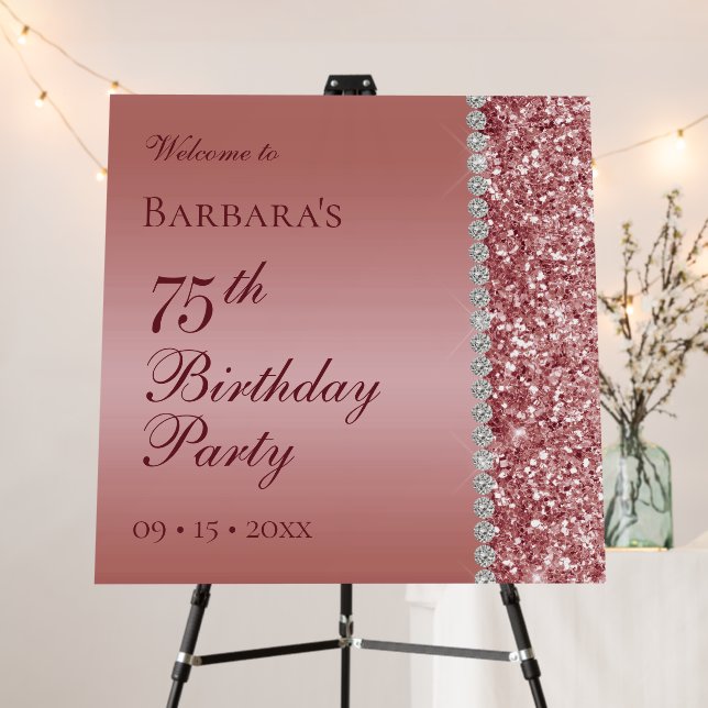 Elegant Rose Gold 75th Birthday Party Welcome Sign (In Situ (Stand))