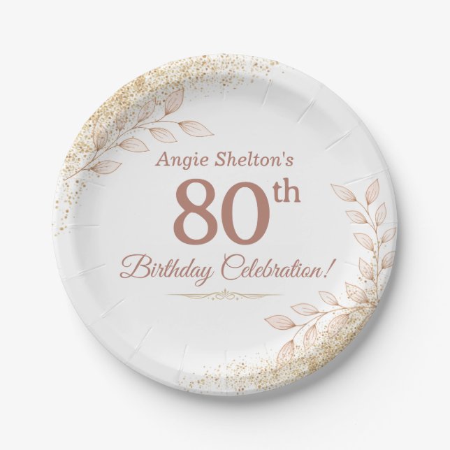 Elegant Rose Gold 80th Birthday Celebration  Paper Plates (Front)