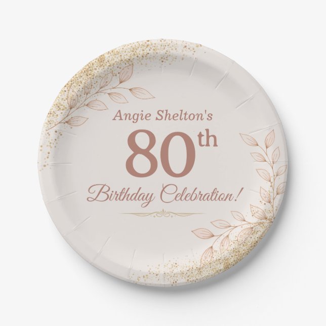 Elegant Rose Gold 80th Birthday Celebration  Paper Plates (Front)