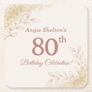 Elegant Rose Gold 80th Birthday Celebration Square Paper Coaster