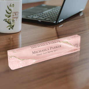 Elegant Rose Gold Agate Geode Professional Desk Name Plate