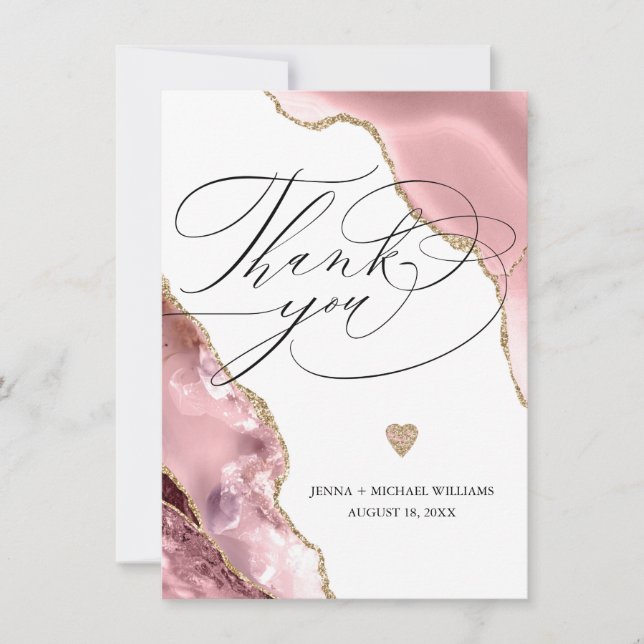 Elegant Rose Gold Agate Glitter Script Wedding Thank You Card (Front)