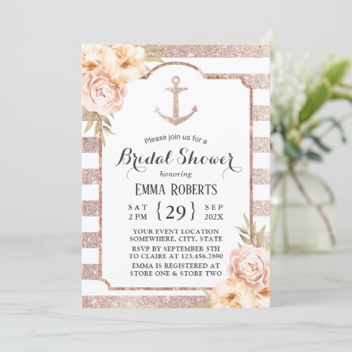 Elegant Rose Gold Anchor Floral Bridal Shower Invitation