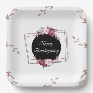 Elegant Rose Gold and Black Floral Paper Plates