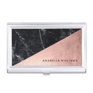 Elegant Rose Gold and Black Marble Texture Business Card Holder