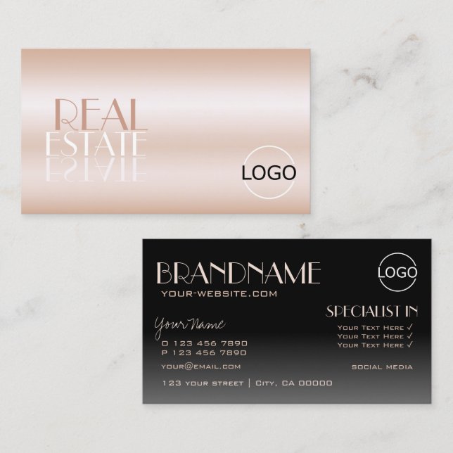 Elegant Rose Gold and Black Mirror Font with Logo Business Card (Front/Back)