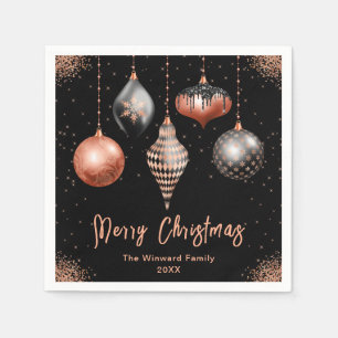 Elegant Rose Gold and Black Ornament Christmas Napkins