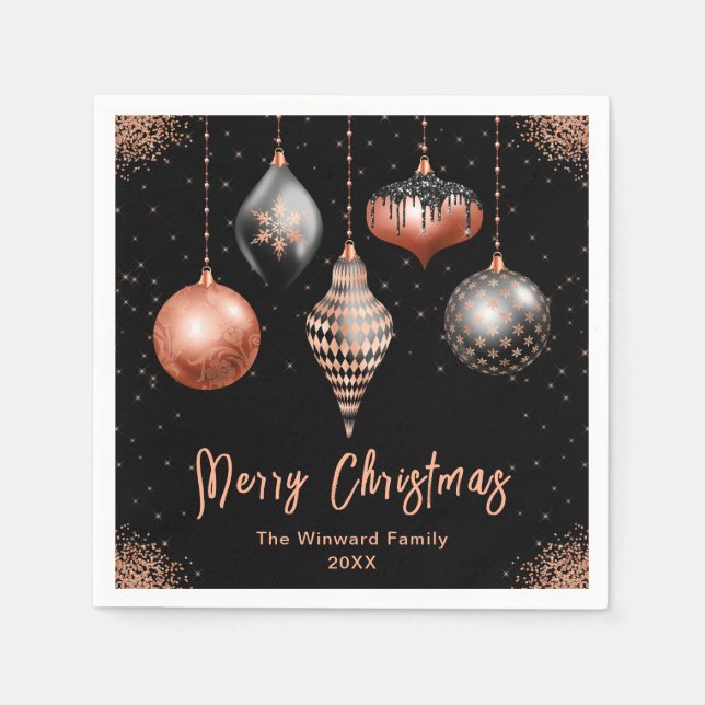 Elegant Rose Gold and Black Ornament Christmas Napkins (Front)