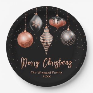 Elegant Rose Gold and Black Ornament Christmas Paper Plates