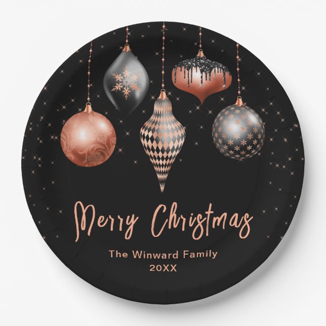 Elegant Rose Gold and Black Ornament Christmas Paper Plates (Front)