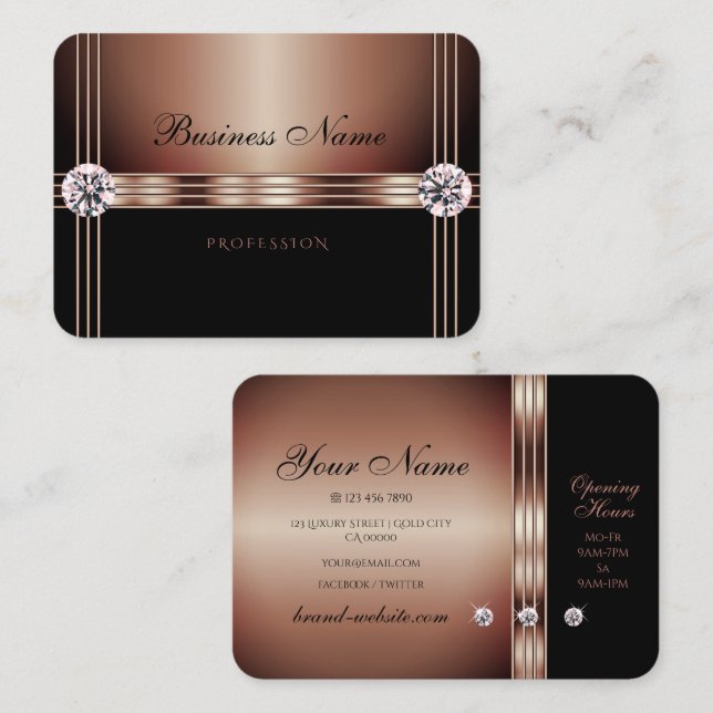Elegant Rose Gold and Black Sparkling Rhinestones Business Card (Front/Back)