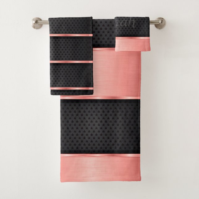 Elegant Rose Gold And Black Stars Monogram Bath Towel Set (Insitu)