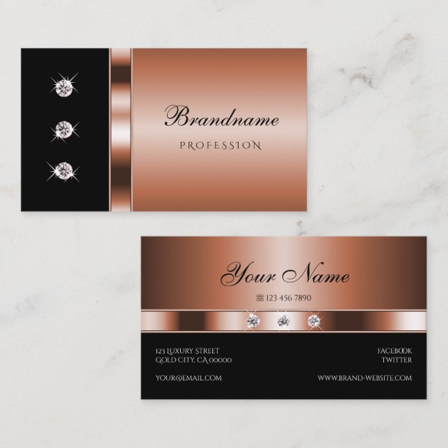 Elegant Rose Gold and Black with Faux Rhinestones Business Card (Front/Back)