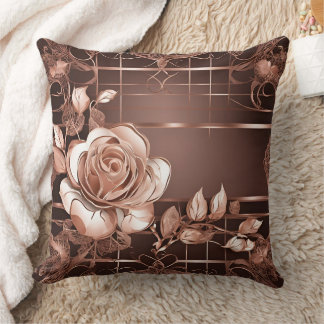 Elegant Rose Gold and Chocolate Brown Geometric Ro Throw Pillow