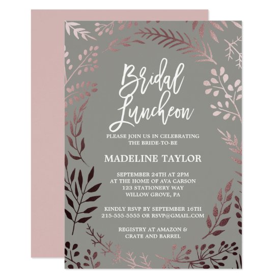 Elegant Rose Gold and Gray Bridal Luncheon Invitation