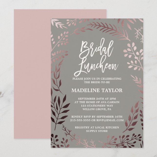 Elegant Rose Gold and Gray Bridal Luncheon Invitation (Front/Back)