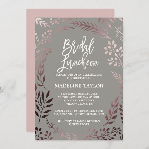 Elegant Rose Gold and Gray Bridal Luncheon Invitation
