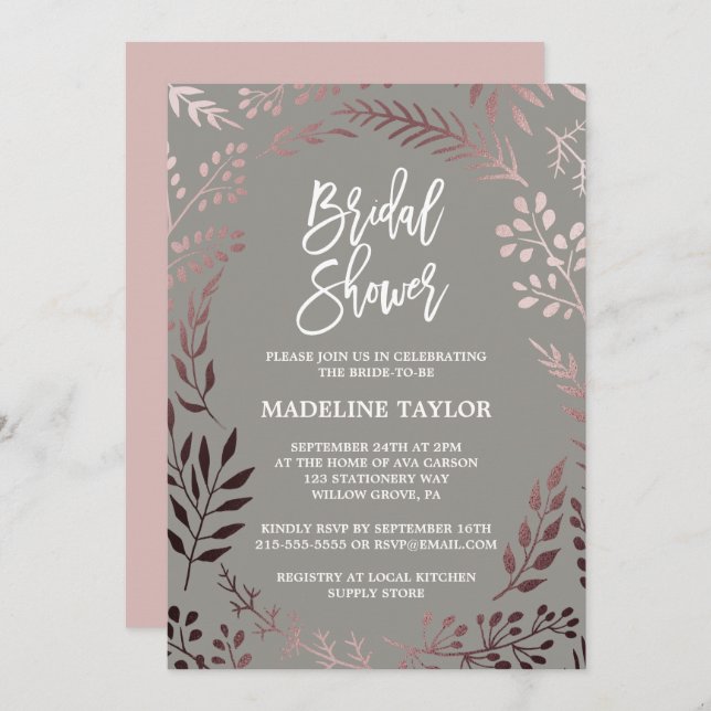 Elegant Rose Gold and Gray Bridal Shower Invitation (Front/Back)