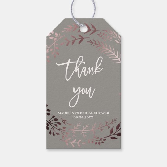 elegant rose gold and gray bridal shower thank you gift tags