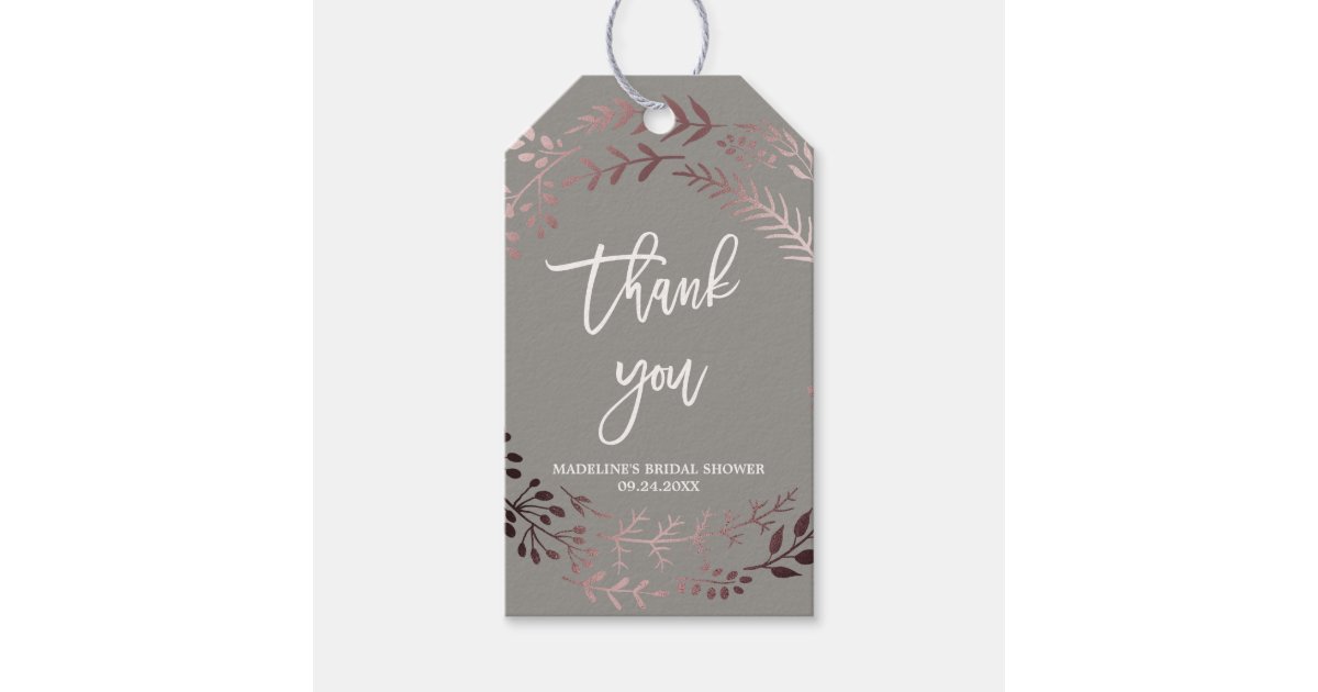 Elegant Rose Gold and Gray Bridal Shower Thank You Gift Tags | Zazzle
