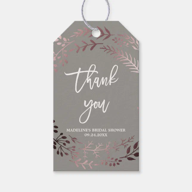 Elegant Rose Gold and Gray Bridal Shower Thank You Gift Tags | Zazzle