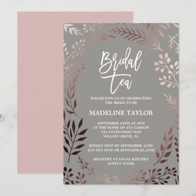 Elegant Rose Gold and Gray Bridal Tea Party Invitation (Front/Back)