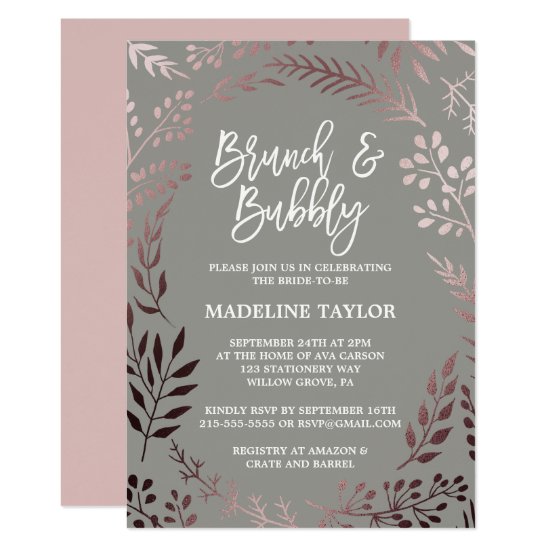 Elegant Rose Gold and Gray Brunch and Bubbly Invitation