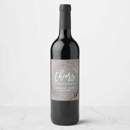 Elegant Rose Gold and Gray "Cheers" Wedding Wine Label
