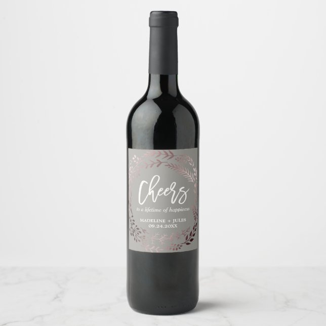 Elegant Rose Gold and Gray "Cheers" Wedding Wine Label (Front)