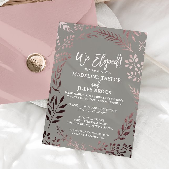 Elegant Rose Gold and Gray Elopement Reception Invitation (Creator Uploaded)