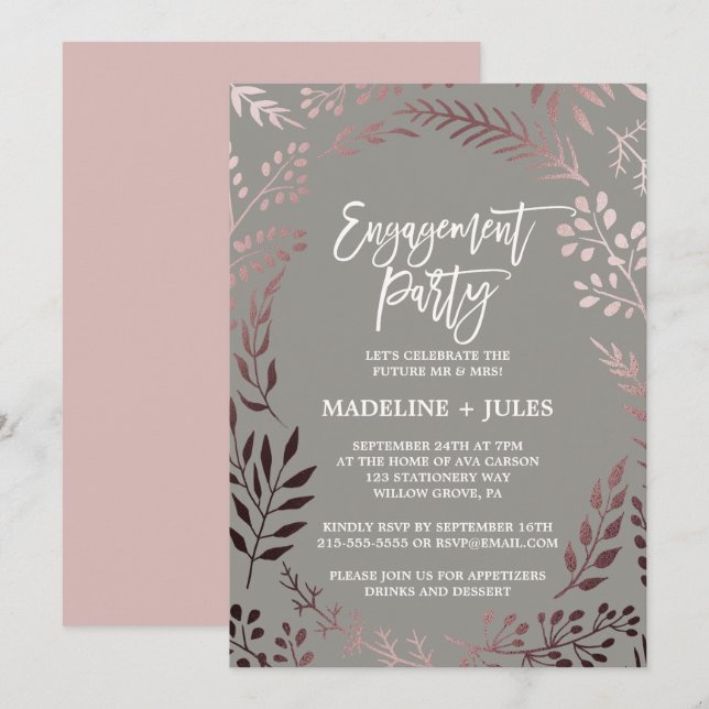 Elegant Rose Gold and Gray Engagement Party Invitation (Front/Back)