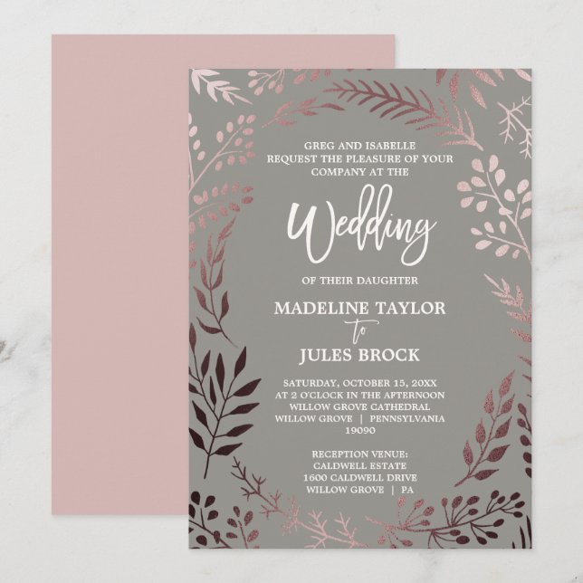Elegant Rose Gold and Gray | Formal Wedding Invitation (Front/Back)