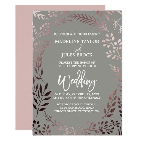 Elegant Rose Gold and Gray | Leafy Frame Wedding Card