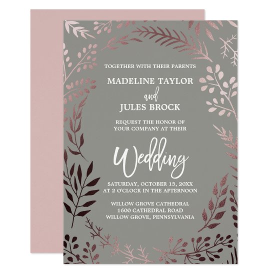 Elegant Rose Gold and Gray | Leafy Frame Wedding Invitation