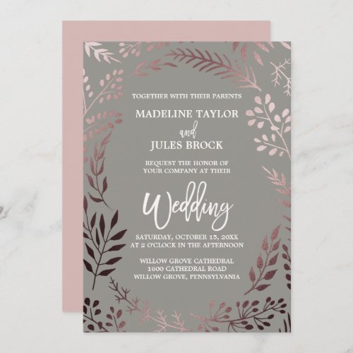 Elegant Rose Gold and Gray  Leafy Frame Wedding Invitation