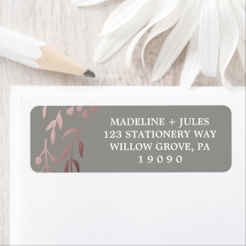 Elegant Rose Gold and Gray  Leafy Frame Wedding Label