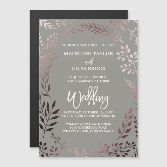 Elegant Rose Gold and Gray | Leafy Frame Wedding Magnetic Invitation (Front/Back)