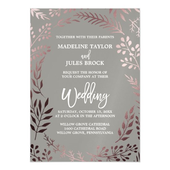 Elegant Rose Gold and Gray | Leafy Frame Wedding Magnetic Invitation