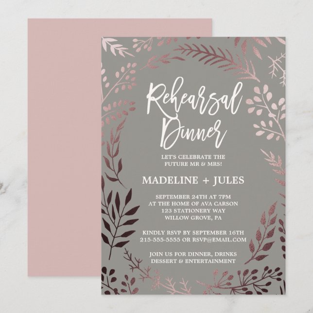 Elegant Rose Gold and Gray Rehearsal Dinner Invitation (Front/Back)