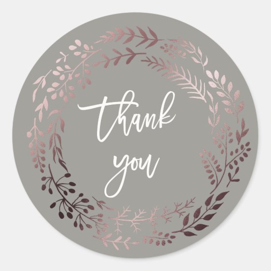 Elegant Rose Gold and Gray Thank You Wedding Favor Classic Round Sticker