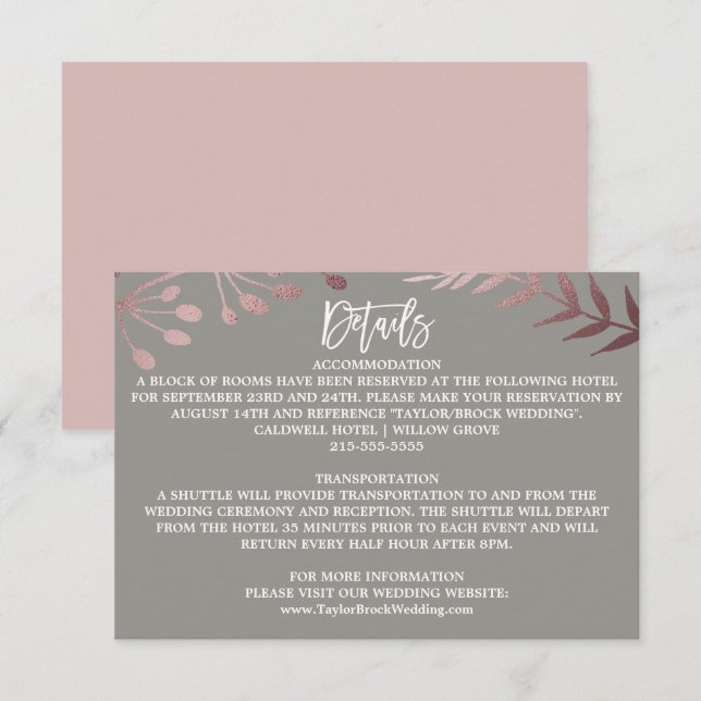 Elegant Rose Gold and Gray Wedding Details Card (Front/Back)