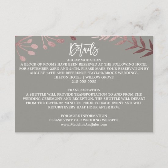 Elegant Rose Gold and Gray Wedding Details Card